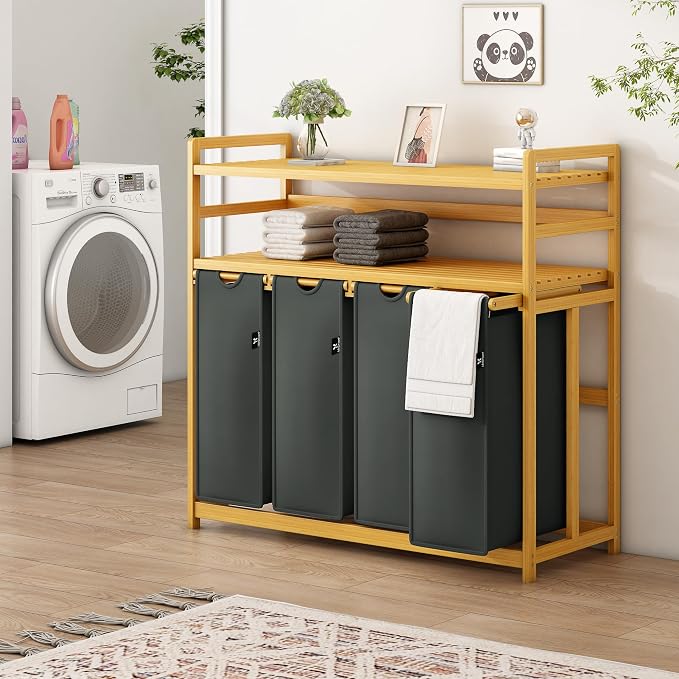 Bamboo Laundry Hamper with Shelf 200L, Laundry Basket 2-Tier with 4 Pull-Out - Image 6