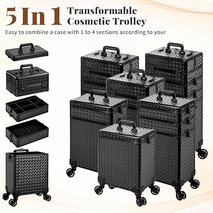 AROUS 5 in 1 Rolling Makeup Train Case Cosmetology Case on Wheels Large - Image 2