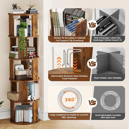 5 Tier Rotating Bookshelf Tower, 360° Display Round Bookcase, Floor Standing - Image 4