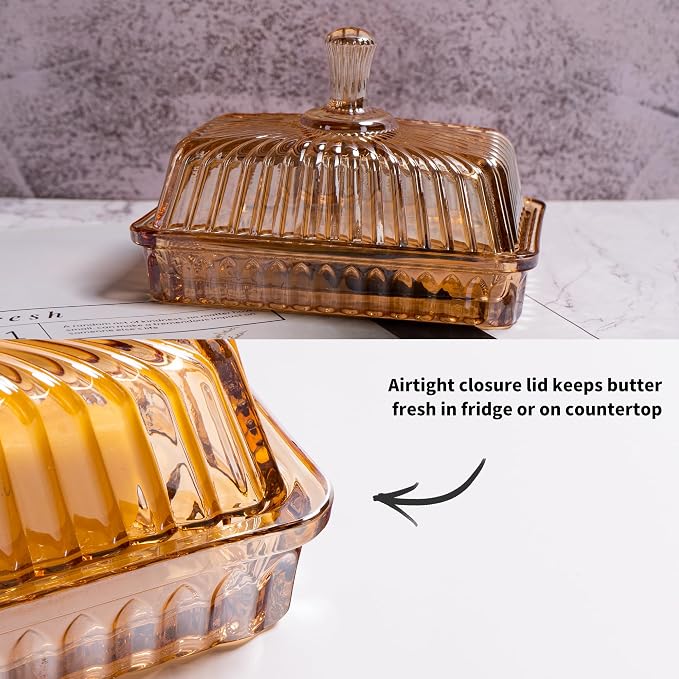 Glass Butter Dish with Lid for Countertop, Champagne Color Striped Crystal - Image 5