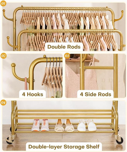 Homde Heavy Duty Clothes Rack: 265lb Rolling Double Rod Garment Hanging - Image 6