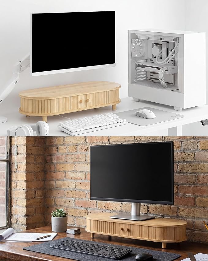 Bamboo Monitor Stand with Storage, Curved Computer Laptop Stand Desk Shelf - Image 8