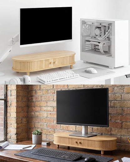 Bamboo Monitor Stand with Storage, Curved Computer Laptop Stand Desk Shelf - Image 8