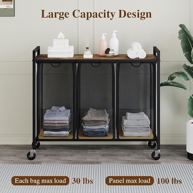 3-Section Laundry Hamper with Shelf Pull-Out Removable 12.8 gal Bags, Metal - Image 3