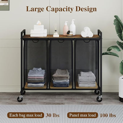 Laundry Sorter with Wheels, 3 Section, Rustic Brown Black | 100lb Top Shelf - Image 4