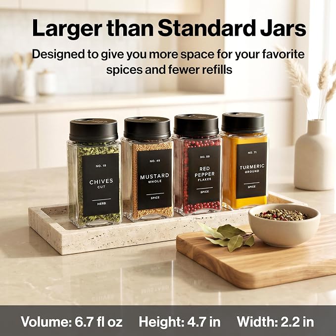 EDELHAUS Glass Spice Jars with Labels & Black Rotating Lids – 12 Large Square - Image 2