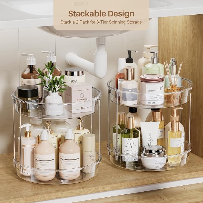 LAMU 2 Pack 2 Tier Lazy Susan Turntable Organizer 12inch Rotating Spice Rack - Image 2