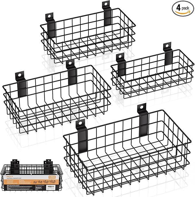 INCLY 4 Pack Black Metal Slatwall Baskets Set, Mounted Slatwall Accessories | by INCLY