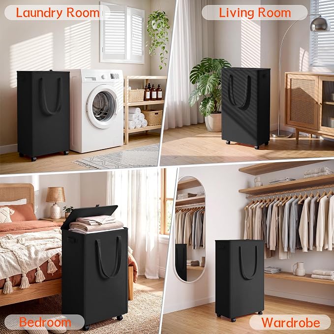 Slim Laundry Hamper with Wheels, 20 Gal Rolling Laundry Basket with lid and - Image 7