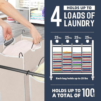 STO STO Laundry Sorter 4 Section, 4 Bag Laundry Hamper, Rolling Laundry Cart - Image 4