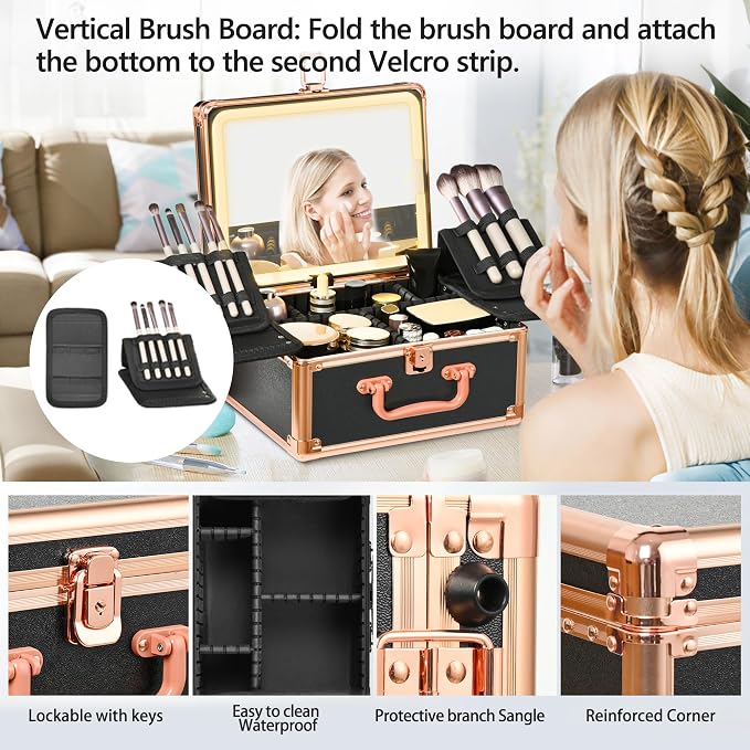 Makeup Case with Lighted Mirror, Makeup Box Organizer with Detachable LED Mirror - Image 7