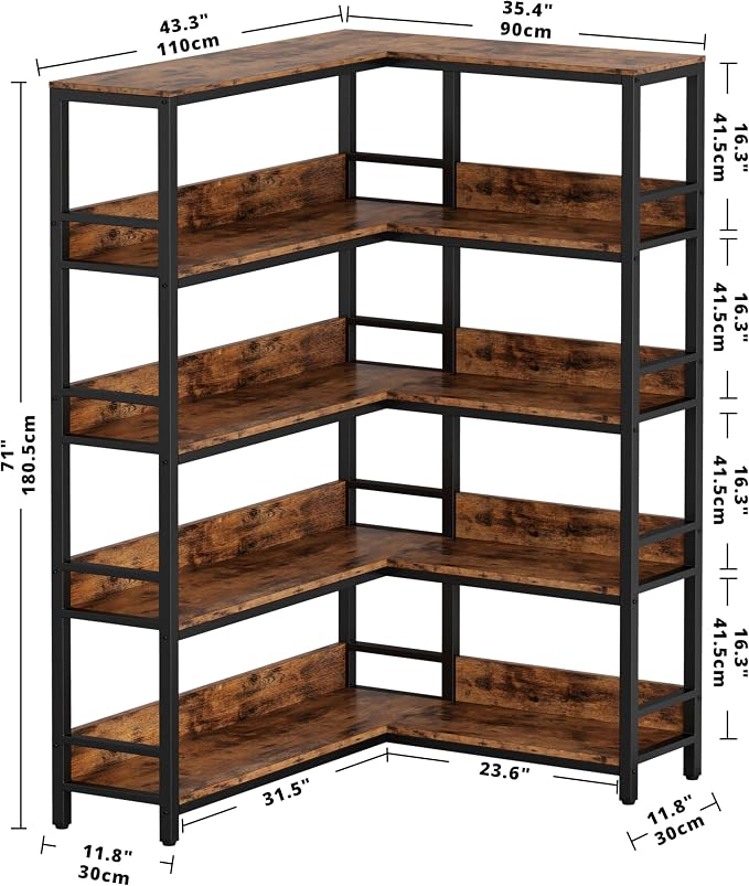 IRONCK Corner Bookshelf 5 Tiers, Industrial Corner Bookcase - Image 3