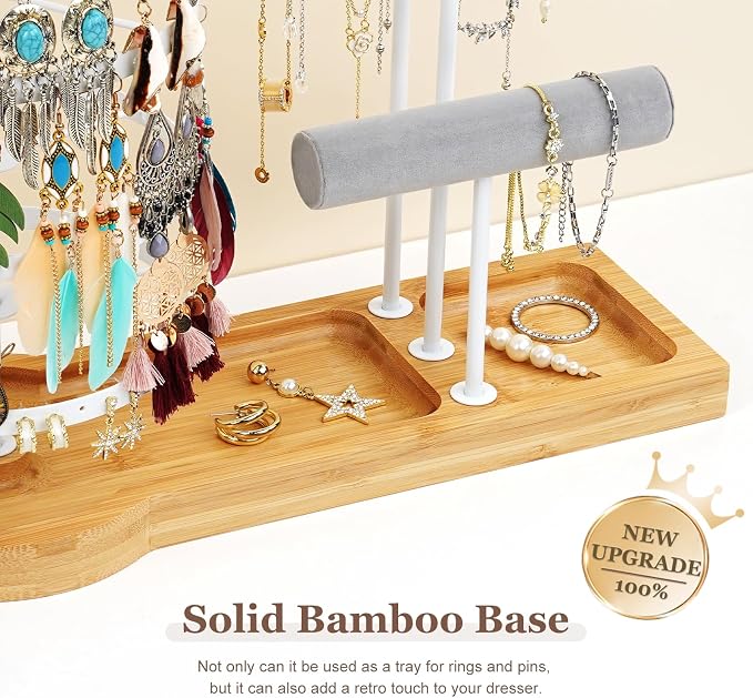 Jewelry Organizer Stand with Bamboo Base, Metal Rotating Earring Holder - Image 5