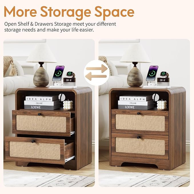 Modern Night Stand with Charging Station and 2 Drawers, Wooden Side Table - Image 8