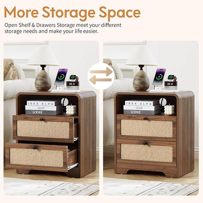Modern Night Stand with Charging Station and 2 Drawers, Wooden Side Table - Image 8