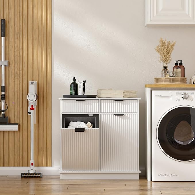 White Double Tilt Out Laundry Hamper Cabinet Laundry Basket Cabinet Hidden - Image 6