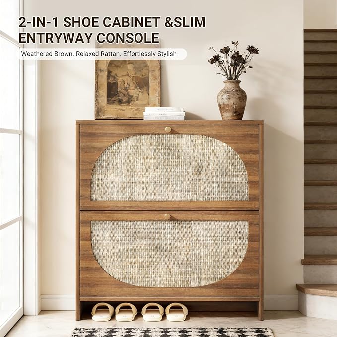 Nicetree Freestanding Ultra Slim Arched Rattan Accent Shoe Storage Cabinet - Image 3