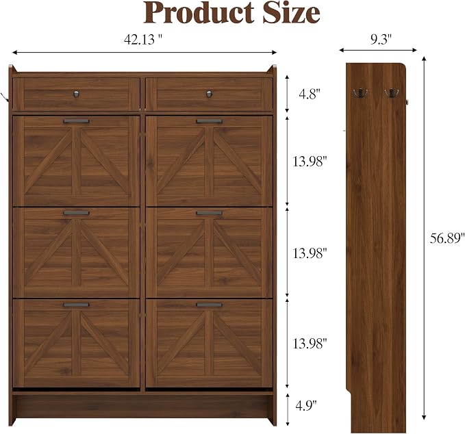 Thacuok Shoe Cabinet with 6 Flip Drawers & 2 Storage Drawers, Rustic Farmhouse - Image 2