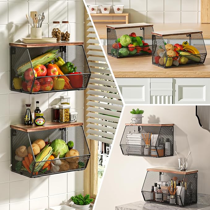 Stackable Fruit Basket for Kitchen Countertop Space Saving, Wall Mounted Mesh - Image 5