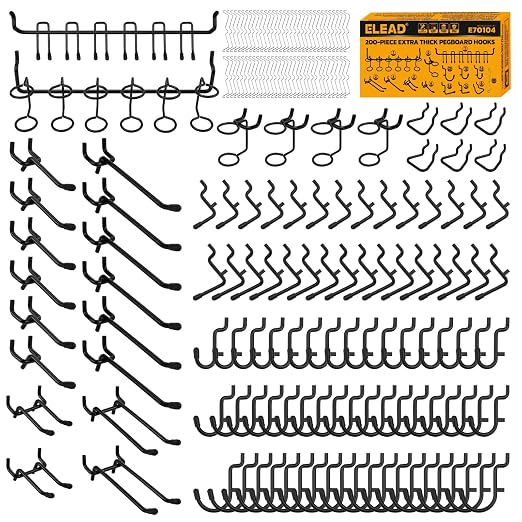 ELEAD 200-Piece Extra Thick Pegboard Hooks Set, 1/4" Heavy Duty Black Peg Board by ELEAD