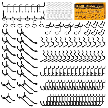 ELEAD 200-Piece Extra Thick Pegboard Hooks Set, 1/4" Heavy Duty Black Peg Board by ELEAD
