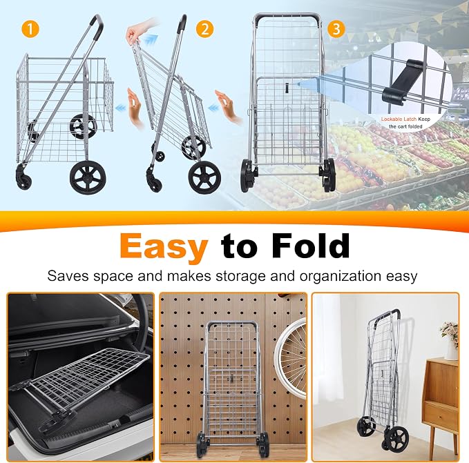 Whitmor Utility Folding Shopping Cart, 115L Heavy Duty Grocery Cart - Image 6