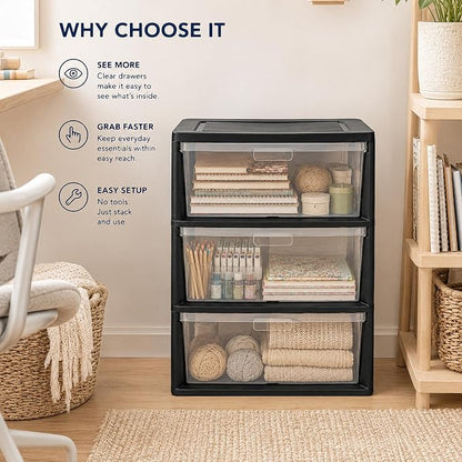 Wide 3 Drawer Plastic Storage Tower Clear Chest Organizer | Clear Removable - Image 7