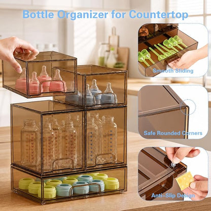 Baby Bottle Organizer, 5 Pack Tea Brown Acrylic Stackable Storage Drawers - Image 5