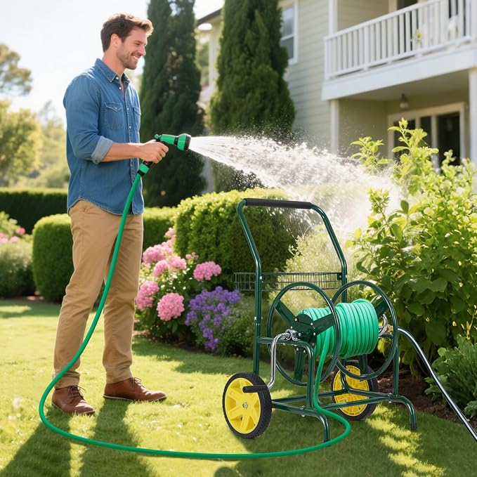 Goplus Garden Hose Reel Cart, 230ft 5/8" or 300ft 1/2" Heavy-Duty Metal Hose - Image 2