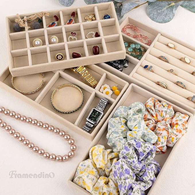 Framendino, 4 Pack Beige Velvet Jewelry Trays Stackable Organizer Drawer - Image 3