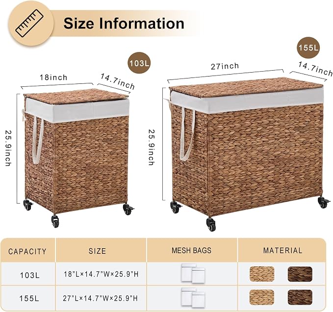 2-Section Laundry Hamper with Lid, Large Capacity Woven Natural Water Hyacinth - Image 2