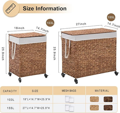 2-Section Laundry Hamper with Lid, Large Capacity Woven Natural Water Hyacinth - Image 2