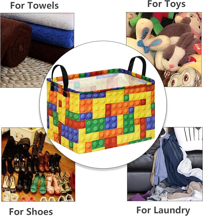 Colorful Building Blocks Print Storage Basket, Waterproof Lining Organizer Bins - Image 6