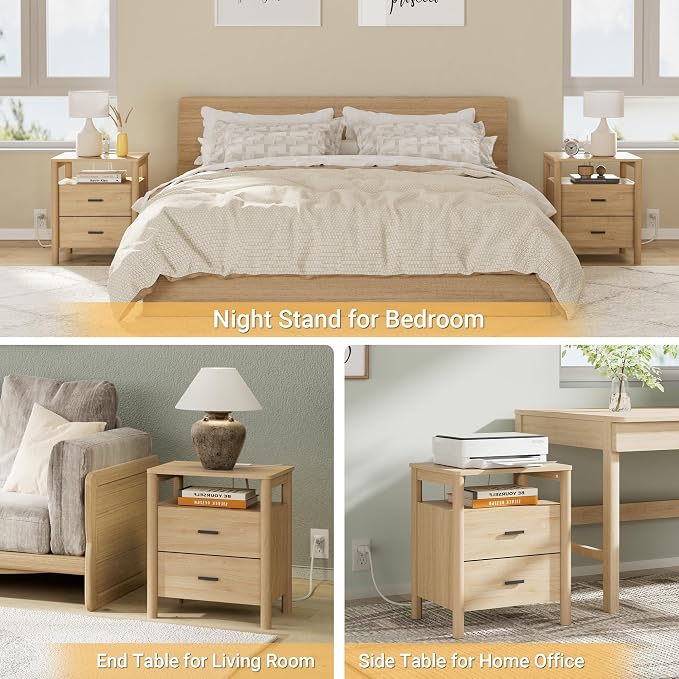 Night Stand Set of 2 with Charging Station, 2 Drawers End Table with Open Shelf - Image 6