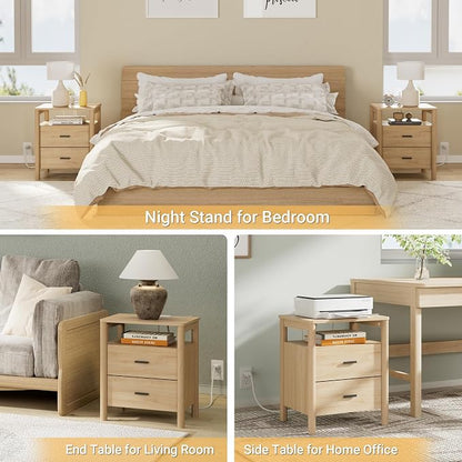 Night Stand Set of 2 with Charging Station, 2 Drawers End Table with Open Shelf - Image 6