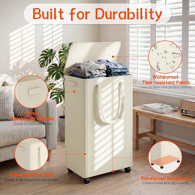 Slim Laundry Hamper with Wheels, 20 Gal Rolling Laundry Basket with lid and - Image 3