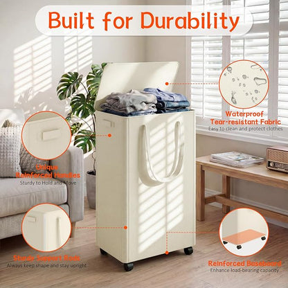 Slim Laundry Hamper with Wheels, 20 Gal Rolling Laundry Basket with lid and - Image 3