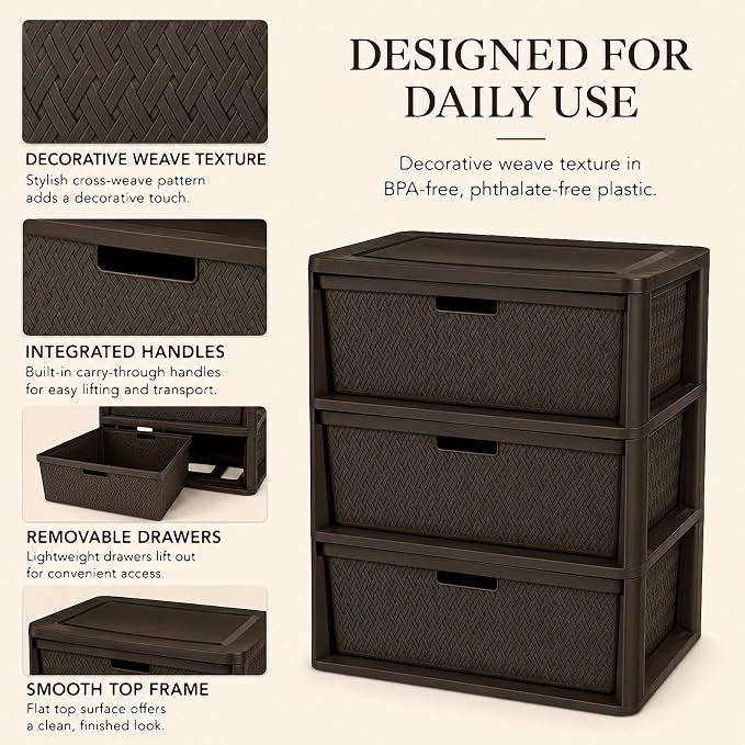 Wide 3-Drawer Plastic Storage Tower, Decorative Organizer Chest, BPA-free - Image 6