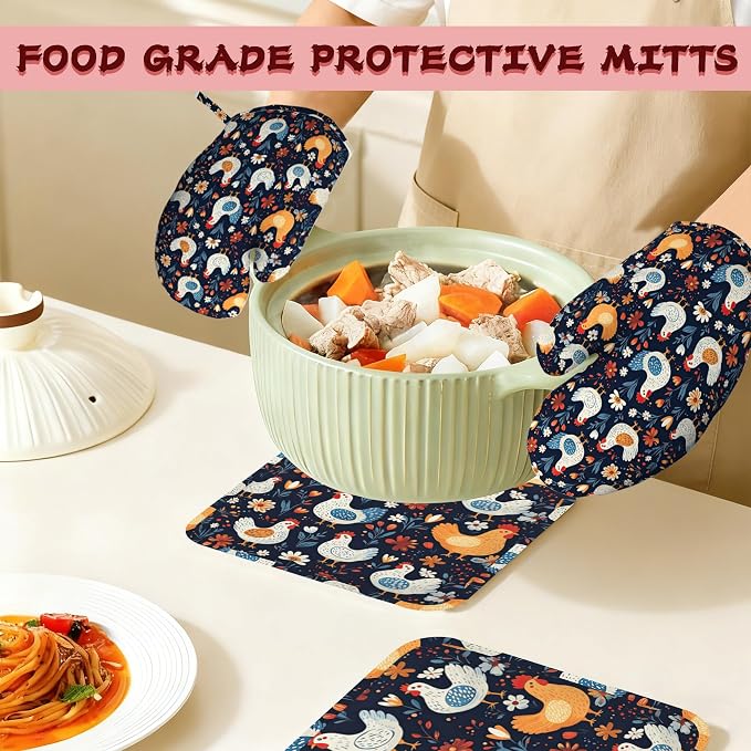 Cute Roosters Hens Chicks Heat-Resistant Silicone Oven Mitts and Pot Holders - Image 7