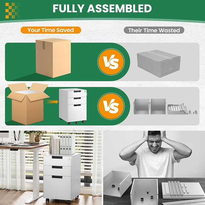 Mobile File Cabinet, 3 Drawer Locking Storage Filing Cabinet, Office Metal - Image 7