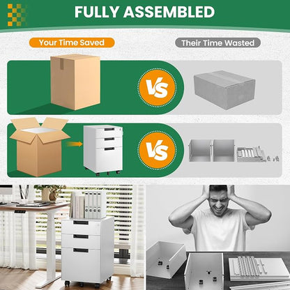 Mobile File Cabinet, 3 Drawer Locking Storage Filing Cabinet, Office Metal - Image 7