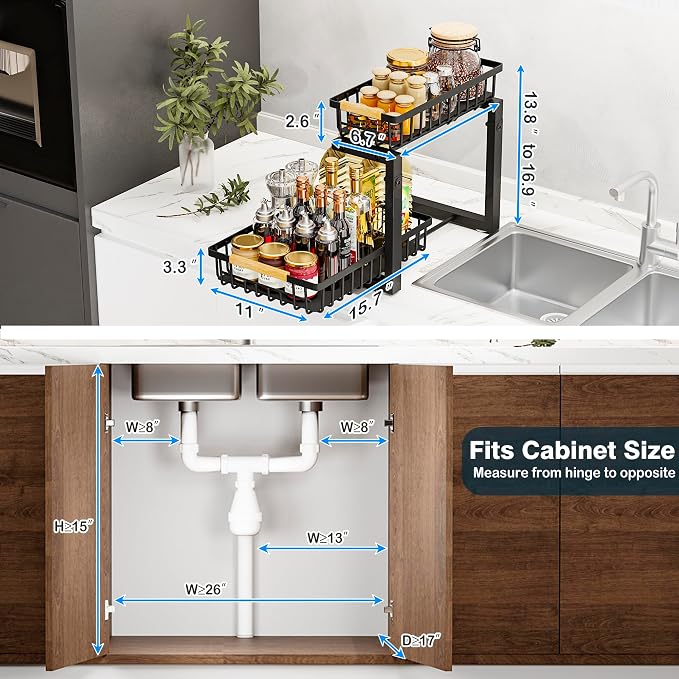 Under Sink Organizers, 2 Tier Pull Out Under Cabinet Organizer，Height - Image 2