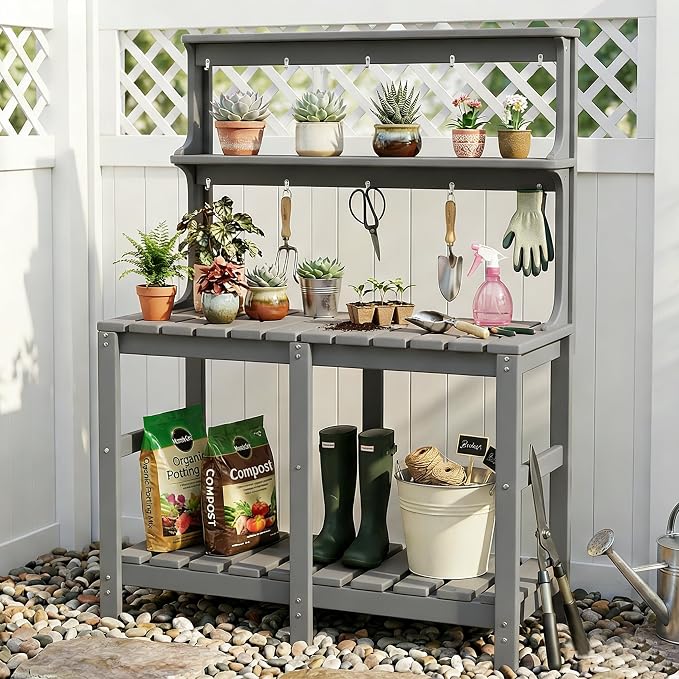 Outdoor Potting Bench with 3 Tier, All-Weather Patio Potting Table with Tool - Image 2