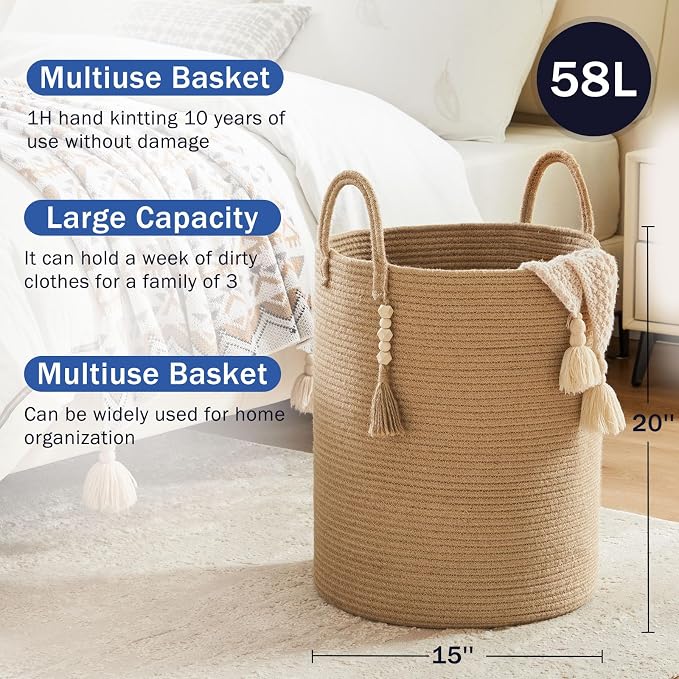 Jute Woven Rope Laundry Hamper, Tall Laundry Basket - Image 5