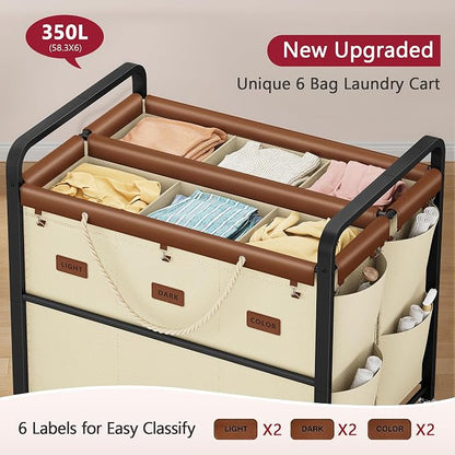 Tajsoon 350L Extra Large Laundry Hamper 6 Section, Heavy Duty Laundry Cart - Image 3