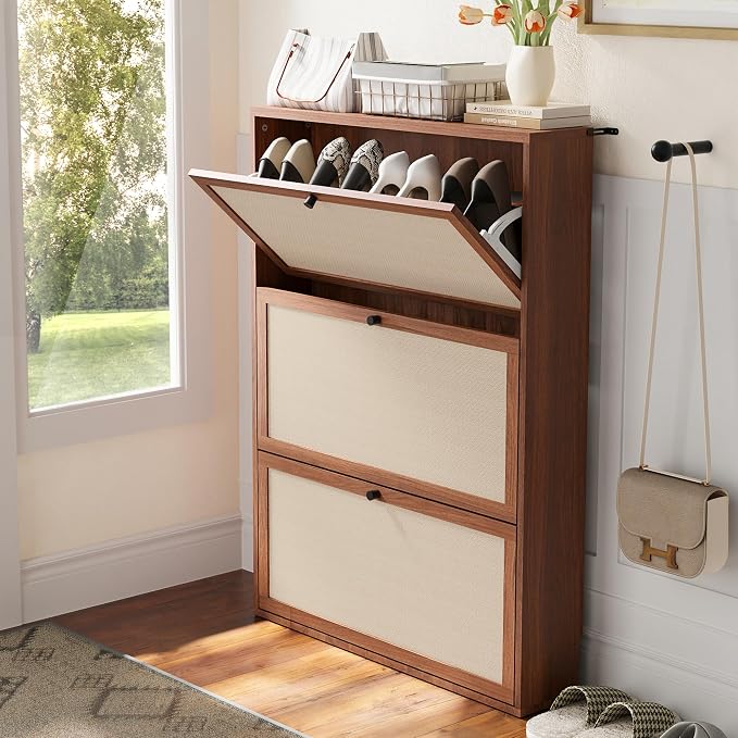 Rattan Shoe Cabinet with 3 Flip Drawers, Simple Setup Hidden Shoe Rack - Image 7