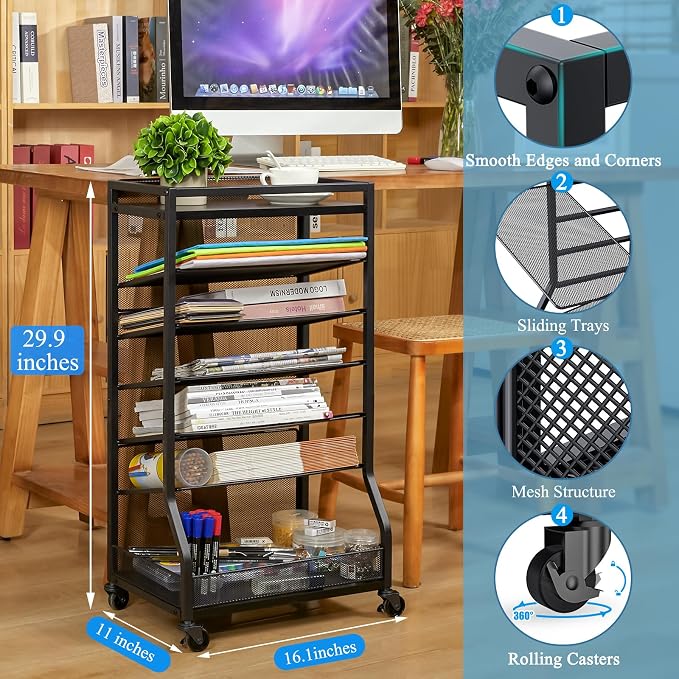 7 Tier Rolling File Cart with Sliding Trays, Wood Metal File Organizer Beside - Image 6