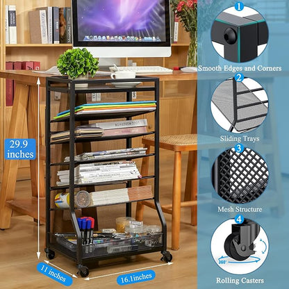 7 Tier Rolling File Cart with Sliding Trays, Wood Metal File Organizer Beside - Image 6