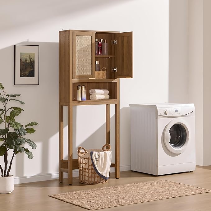 SICOTAS Over the Toilet Storage Cabinet, Rattan Door Bathroom Organizer | - Image 5