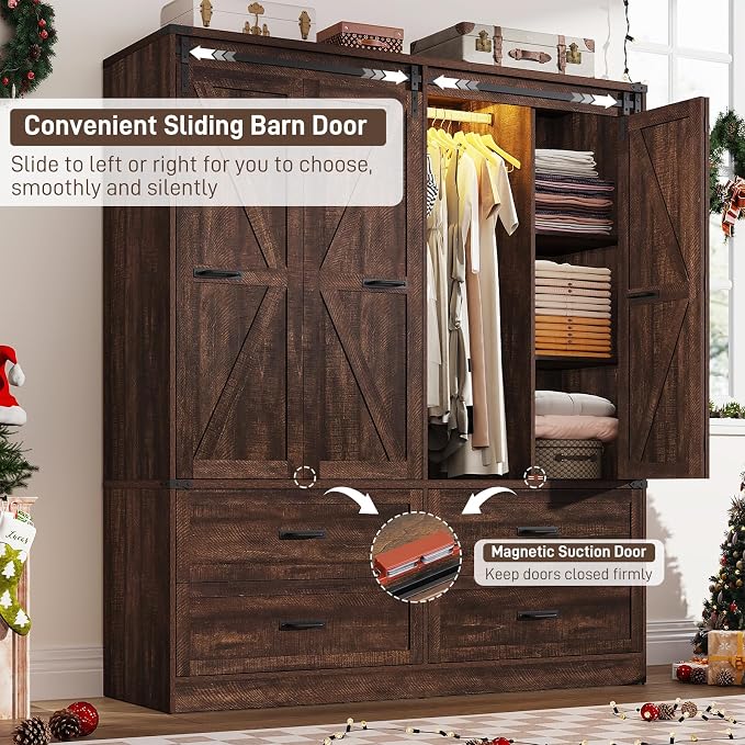 Farmhouse 4 Doors Armoire Wardrobe Closet w/Folding Sliding Barn Door and Lights - Image 3